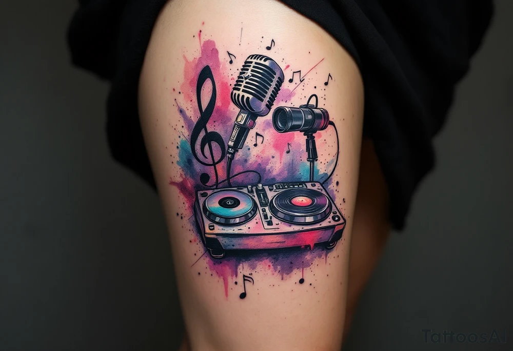 Microphone turntables and music notes graffiti style on a woman's thigh tattoo idea