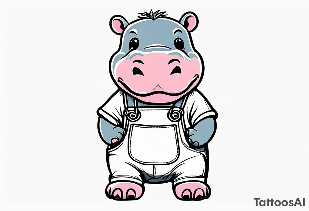 Baby hippo wearing a overalls and holding up his middle finger tattoo idea