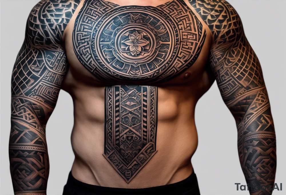 A full tattoo sleeve inspired by Greek mythology, designed with a strong, masculine aesthetic and dark shading to create bold contrasts. The sleeve features a central theme of ancient Greek symbols and deities, intricately woven together with a sense of power and order. The design incorporates an ordered mandala effect, with geometric patterns that add a sense of structure and balance, blending seamlessly with the mythological elements. Key figures like a fierce warrior, perhaps a Spartan or a gladiator, are depicted in dynamic poses, showcasing strength and bravery. Surrounding these figures, include elements like a laurel wreath, the eye of a Greek god, or a shield and spear, all rendered in dark, intense shading to highlight their significance. The mandala patterns serve as a backdrop, providing a structured, almost architectural feel that contrasts with the organic forms of the mythological characters. The overall look is dark, powerful, and deeply symbolic, capturing the essence of ancient Greek heroism and mythology in a way that resonates with a strong, masculine energy tattoo idea