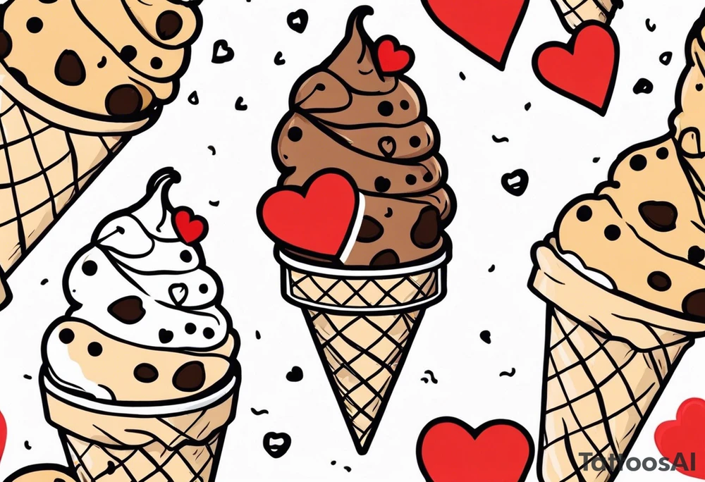 sketch chocolate chip ice cream cone with one red heart tattoo idea