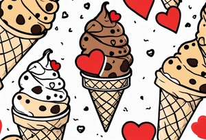sketch chocolate chip ice cream cone with one red heart tattoo idea
