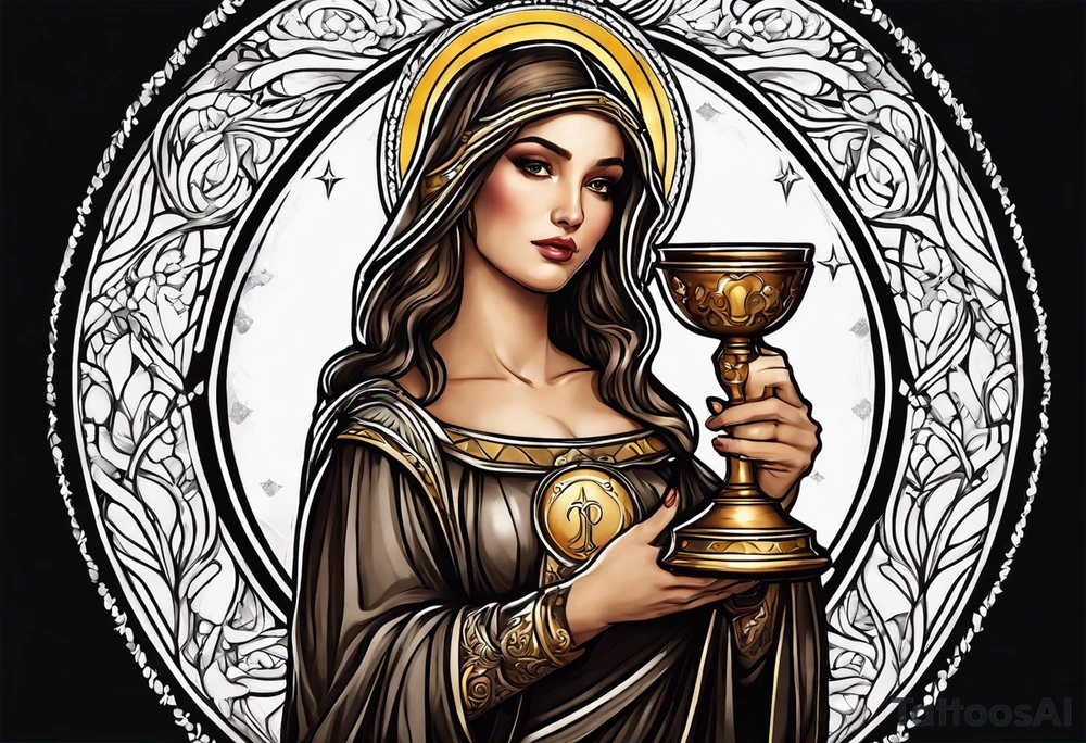 woman saint holding chalice surrounded by golden halo portrait tattoo idea