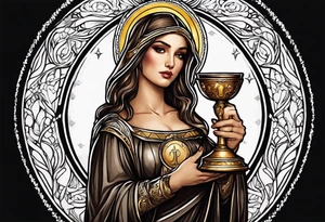 woman saint holding chalice surrounded by golden halo portrait tattoo idea