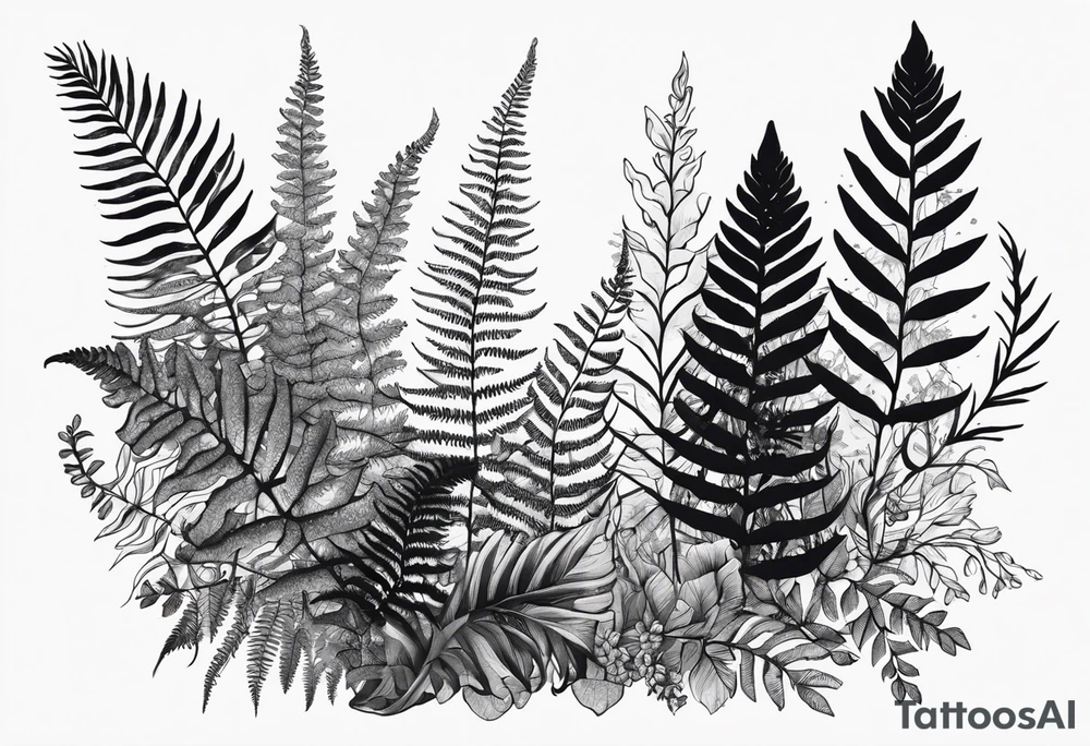 A detailed, vintage-style black and white tattoo of ferns, leaves, and moss, in a simple design. tattoo idea