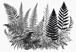 A detailed, vintage-style black and white tattoo of ferns, leaves, and moss, in a simple design. tattoo idea