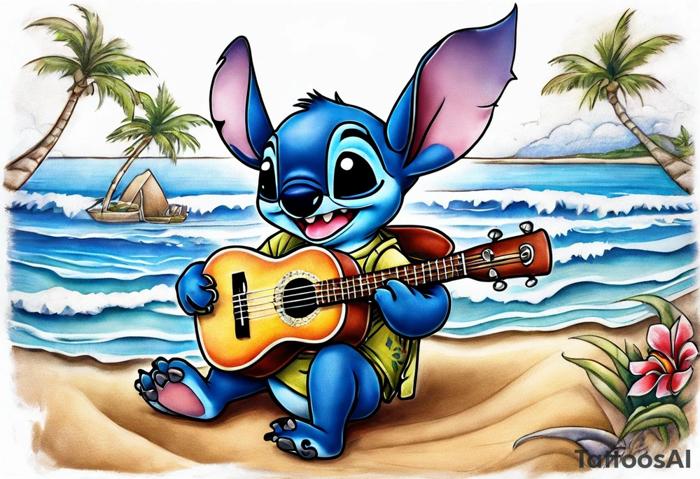 Stitch tattoo on arm under shoulder that is the version of stitch where he’s dressed up like Elvis playing a ukulele on a beach tattoo idea