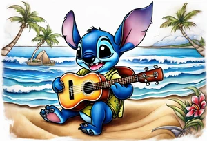 Stitch tattoo on arm under shoulder that is the version of stitch where he’s dressed up like Elvis playing a ukulele on a beach tattoo idea