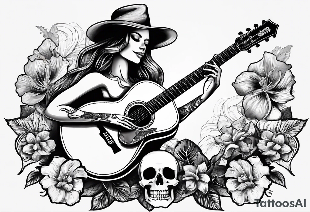 a male and a female skeleton. The male skeleton is playing the guitar. The female skeleton has a hibiscus flower. tattoo idea