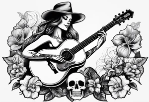 a male and a female skeleton. The male skeleton is playing the guitar. The female skeleton has a hibiscus flower. tattoo idea
