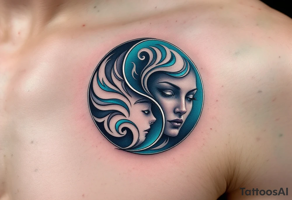 A dynamic Yin-Yang symbol formed by two mirrored faces, with swirling silver and teal accents, embodying balance and contrast. tattoo idea