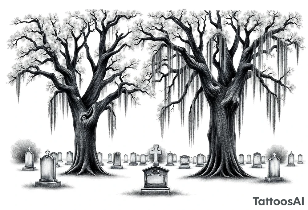 Laurel oaks with Spanish moss in a cemetery tattoo idea