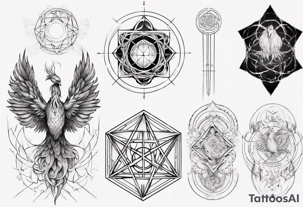 Sleeve for woman's arm sacred geometry Metatron's cube with phoenix tattoo idea