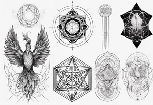 Sleeve for woman's arm sacred geometry Metatron's cube with phoenix tattoo idea