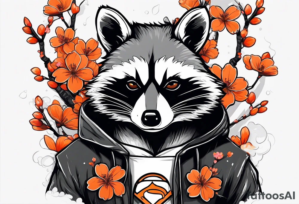 Raccoon wearing a white Superman logo on a black hoodie and orange Japanese cherry blossoms tattoo idea