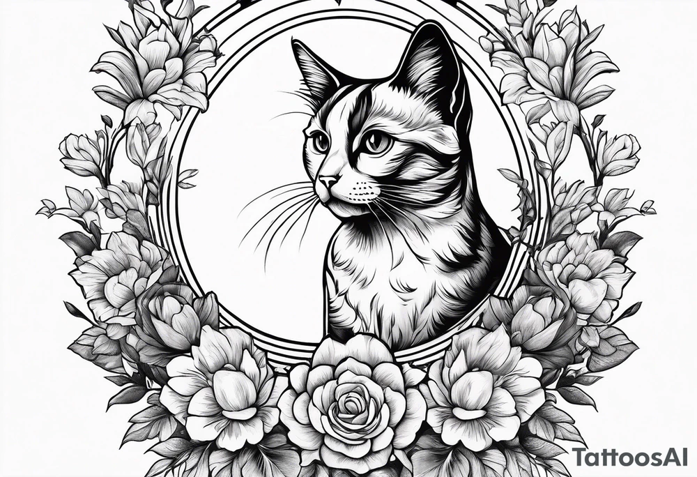 Cat looking up at a cardinal bird surrounded by flowers tattoo idea