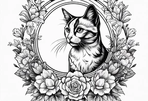 Cat looking up at a cardinal bird surrounded by flowers tattoo idea
