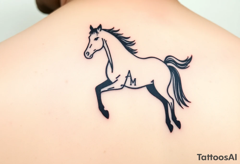 horse silhouette 
from the front which gallops from the front, with the 3 small letters discreetly integrated: L, A, M tattoo idea