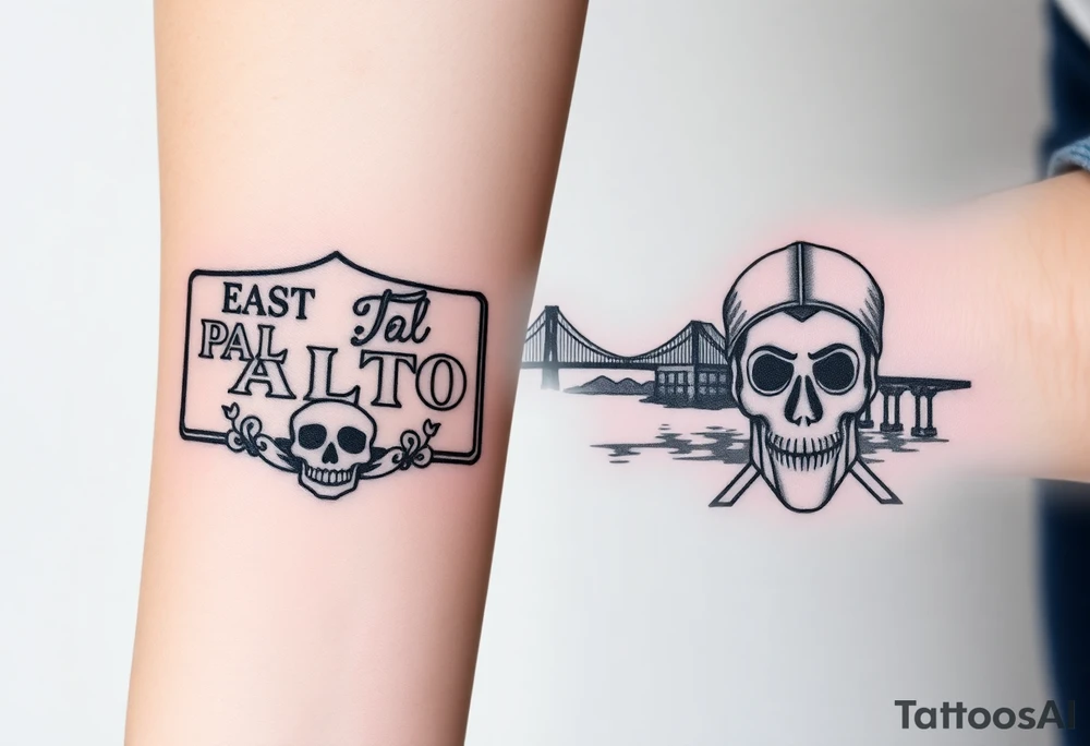 “East Palo Alto” city sign and “Newark” city sign on opposite sides of a bridge going across water in California with skulls and money and  scarface tattoo idea