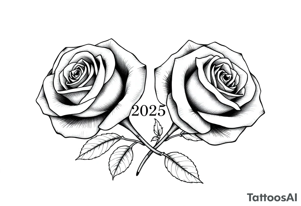 two big beautiful roses with their stems intertwined, separated by "2025" noted between them tattoo idea