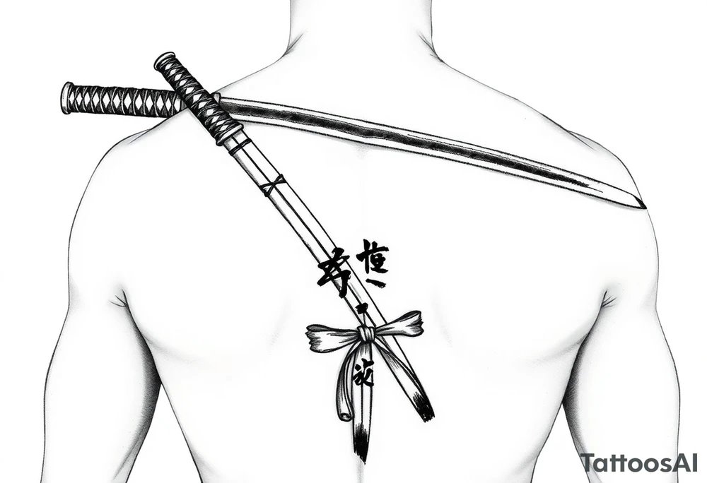 Katana with a black belt and fabled written in korean on the inside of the forearm tattoo idea