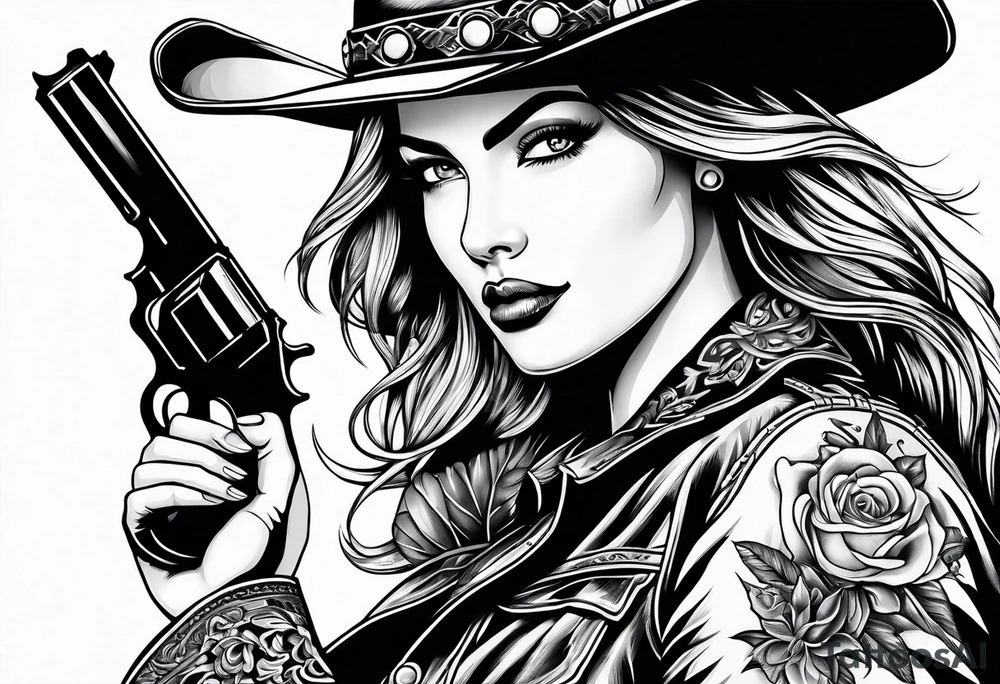 Cowgirl with revolver tattoo idea