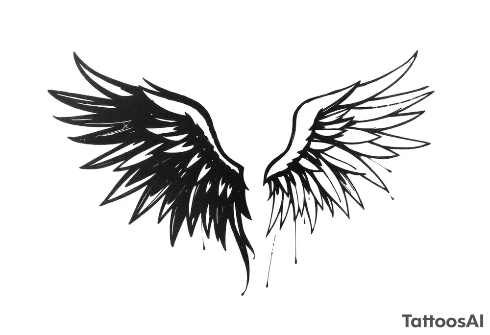 This tattoo design features a pair of asymmetrical angel wings drawn in black ink with a rough, sketch-like style. The left wing is darker, more defined, and appears denser, while the right wing is lighter, more delicate, and fragmented, creating a contrast between the two. The feathers are sharp and irregular, with fine lines and stray strokes extending outward, adding a raw and artistic feel. The overall look is dynamic and slightly chaotic, giving the impression of movement or an unfinished, ethereal form. This design symbolizes duality, freedom, transformation, or even struggle, making it a meaningful and visually striking tattoo. tattoo idea