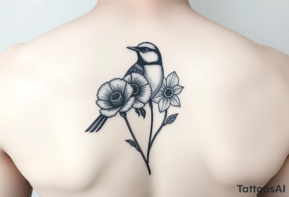Small fantail with a poppy and a daffodil tattoo idea