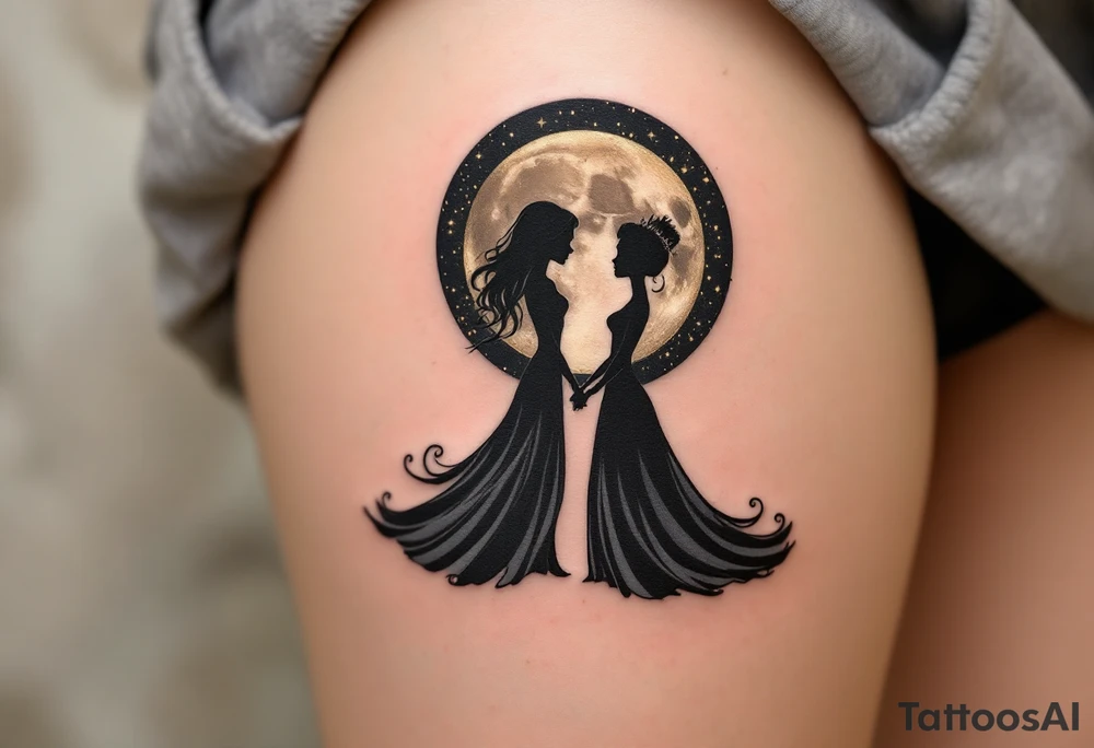 A silhouette of a royal couple holding hands under a black and gold moonlit sky. tattoo idea