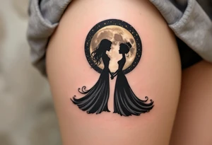A silhouette of a royal couple holding hands under a black and gold moonlit sky. tattoo idea
