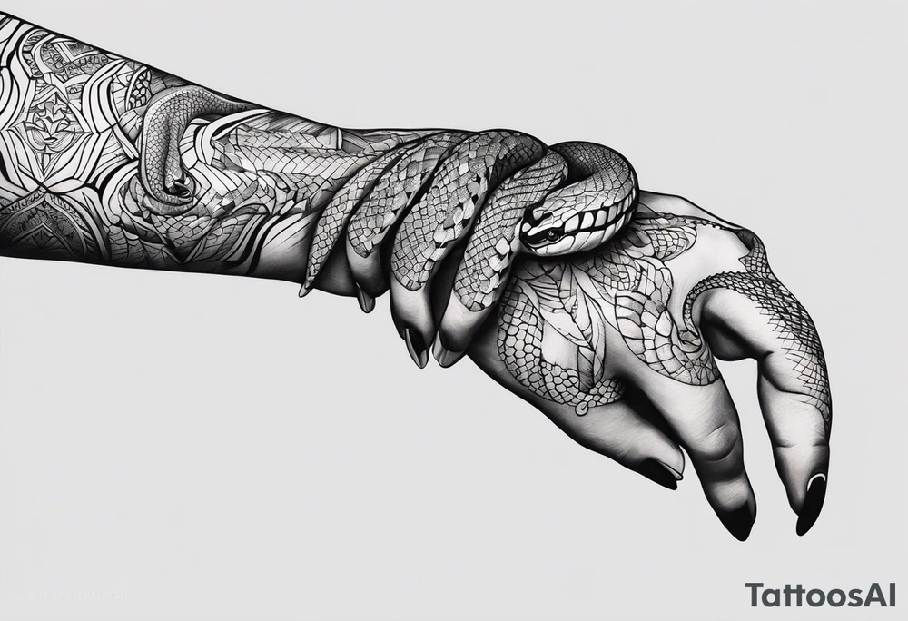 A streched out feminine hand that holds a snake tattoo idea