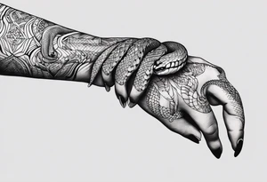 A streched out feminine hand that holds a snake tattoo idea