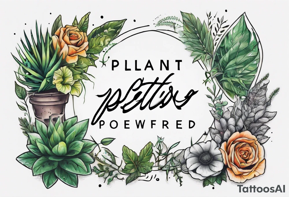 Arm band tattoo spelling ‘Plant Powered’ with plants tattoo idea