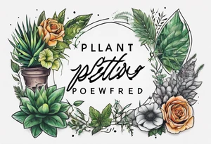 Arm band tattoo spelling ‘Plant Powered’ with plants tattoo idea