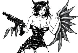 succubus, slut, anime, holding gun, black, leather bikini, angry tattoo idea