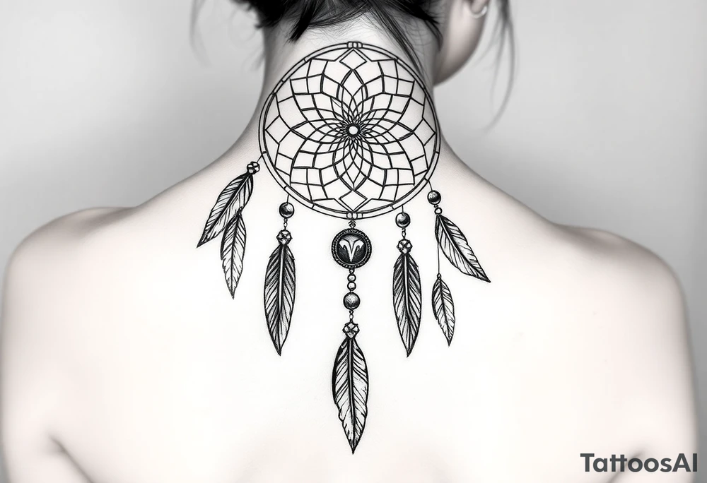 native dreamcatcher with flowing feathers and sacred beads tattoo idea