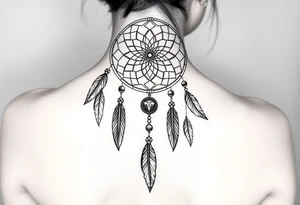 native dreamcatcher with flowing feathers and sacred beads tattoo idea