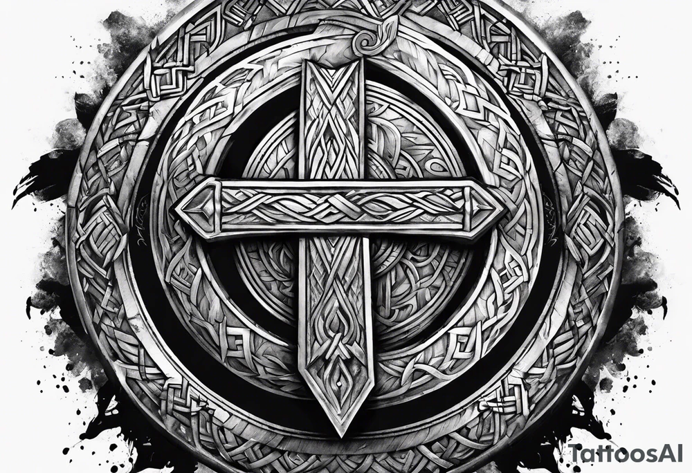 Valhalla  round 
shield axe sword valknut tattoo idea