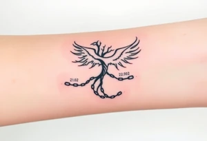 Design a minimalist tattoo: a phoenix or tree breaking chains, symbolizing freedom from addiction and rebirth. Include dates 21.02 and 22.02 subtly. Emphasize self-love, dignity, and inner strength. tattoo idea