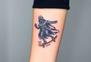 Darth Vader skateboarding with gun> bullets > memorial > god > colors > futuristic/space/star wars
add name "Darth Carter" on skateboard
add date 12/29/88-01/06/24 tattoo idea
