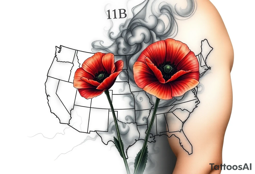 2 poppy’s growing out of the smoke with 11B in the background and layer this over a map of the USA tattoo idea