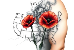 2 poppy’s growing out of the smoke with 11B in the background and layer this over a map of the USA tattoo idea