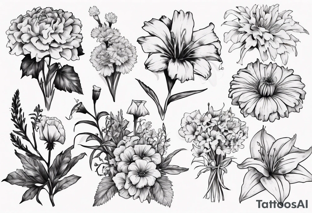 Bouquet including marigolds, lilies, morning glories, asters, violets, and carnations tattoo idea