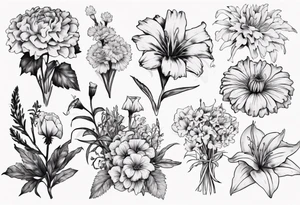 Bouquet including marigolds, lilies, morning glories, asters, violets, and carnations tattoo idea