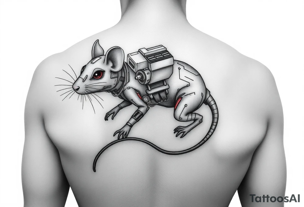 Cybernetic Rat with a Data Cable Tail
A scrappy, survivalist rat with cybernetic limbs and a long tail made of fiber-optic cables.
Could have a small, makeshift backpack with scavenged tech.
Neon elements for the eyes and glowing lines along its body. tattoo idea