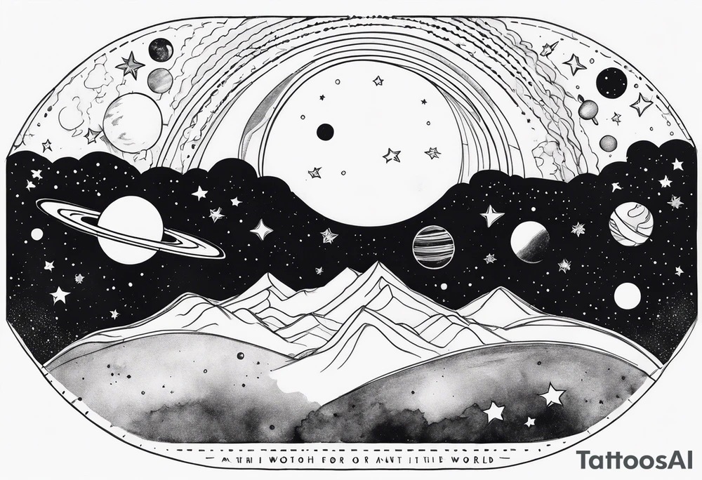 Galaxy with stars and planets in a minimalist style, with the quote, "Made for another world" tattoo idea