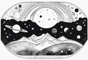 Galaxy with stars and planets in a minimalist style, with the quote, "Made for another world" tattoo idea