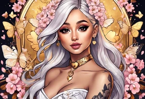 Ariana Grande with blonde hair surrounded in a golden aura with cherry blossoms and white butterflies with a key that unlocks a heart tattoo idea