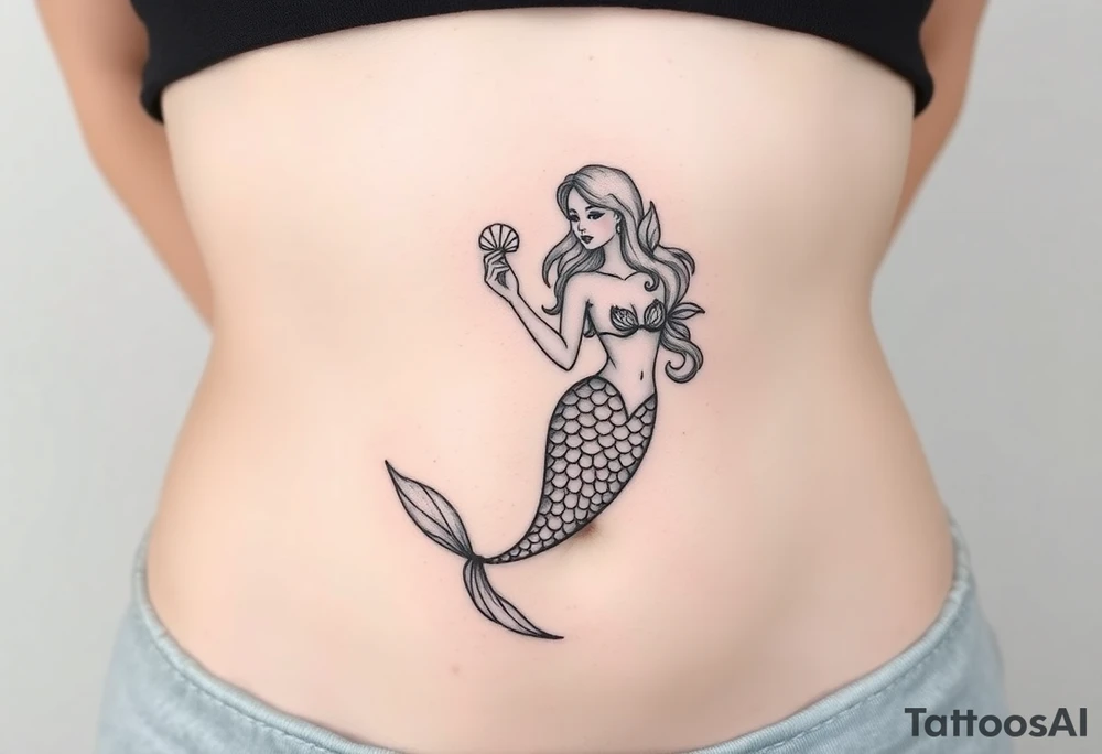 Mermaid tattoo full body soft face light grainy holding a shell in hand tattoo idea