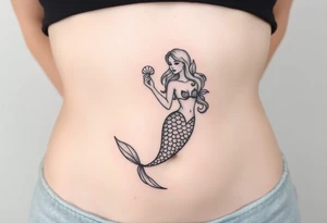 Mermaid tattoo full body soft face light grainy holding a shell in hand tattoo idea