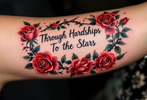 Surrounded by fiery-red roses and thorns, the phrase “Through Hardships To the Stars” weaves through the blooms. tattoo idea